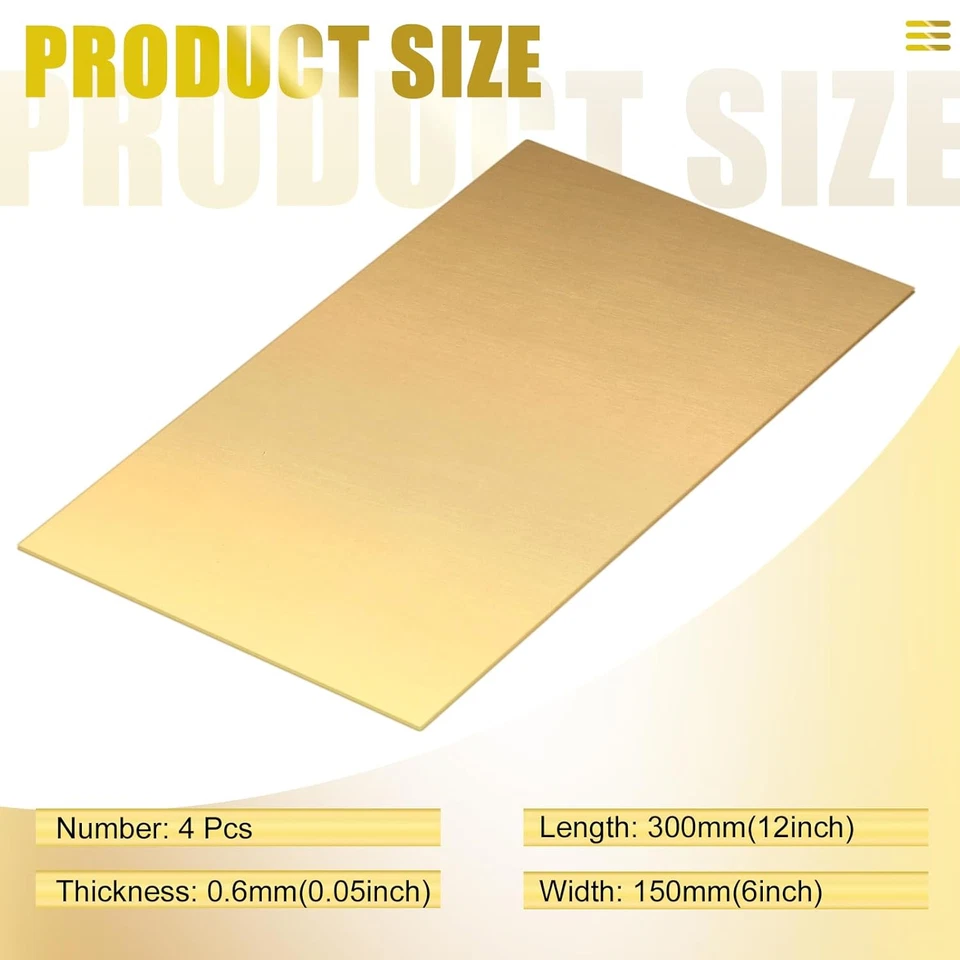4 Piezas Hoja Latón 6" X 12" X 0.025", Calibre 22 (0.6Mm) Espesor Placas Latón D Foto 2 de 4
