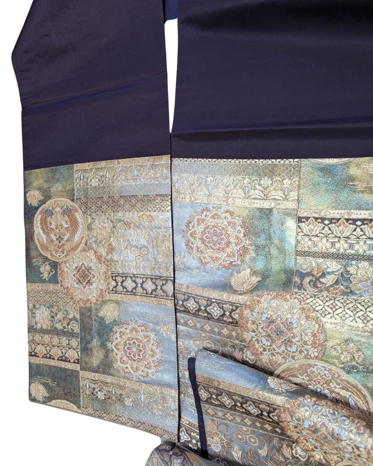 Fukuro Obi Formal - Brocado Dorado y Plata con Motivos Florales y Fénix Foto 4 de 4