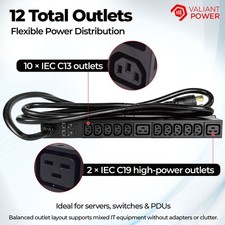 30A 1U Metered Rack PDU L6-30P 10 C13 2 C19 200-240V 20kA Surge 10ft Cord