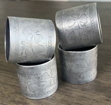 Antique Pewter Napkin Ring Set 4 Hand Engraved Four Leaf Clover Vine Vintage