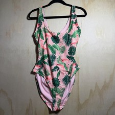 Old Navy Flamingo Palm Tropical One-Piece Swimsuit Pink Green Scoop Neck Size L