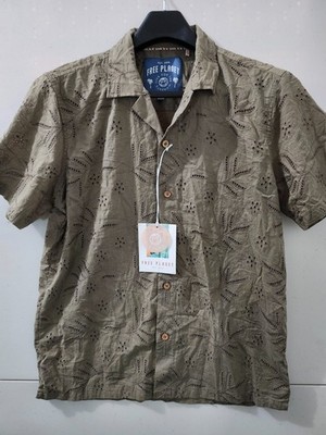 Free Planet Shirt Mens M Taupe Short Sleeve Button Up Floral Eyelet Cotton New