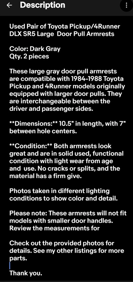 1984-1988 Toyota пикап 4runner двери панели ручки пара DLX SR5 большой темно серый - Изображение 2 из 4