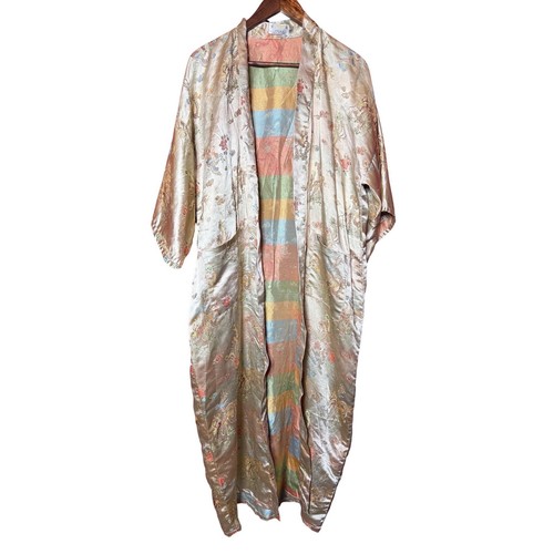 Vintage Men NA Silky Multicolor Stripe Lining Floral Kimono Robe Traditional
