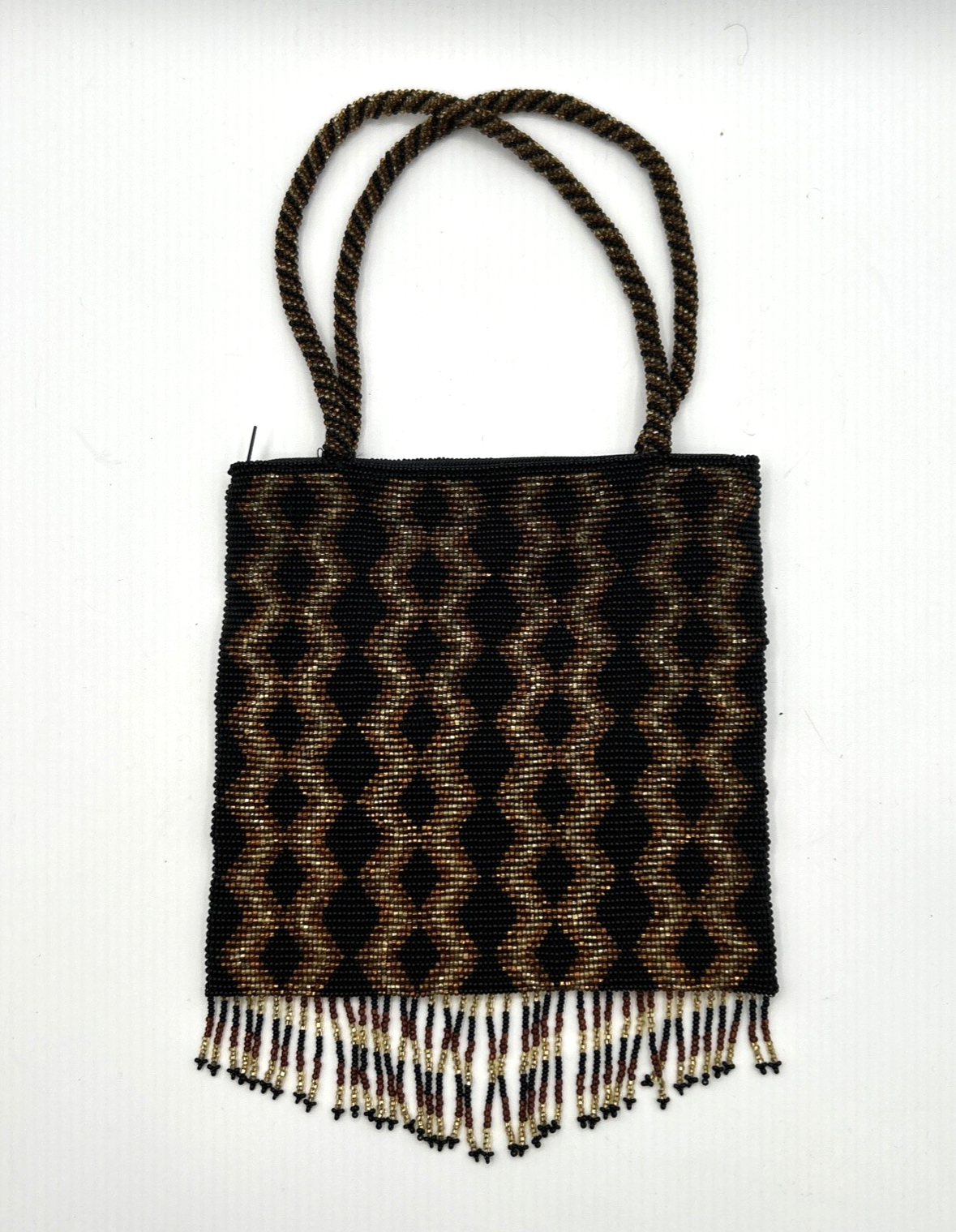 Vtg Micro Bead   Evening Bag Black GoldArt Deco Fringe Purse 7x8 Boho Formal