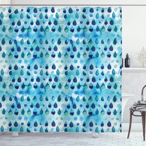 Navy and Teal Shower Curtain, Abstract Blue Watercolor Drops Aquarelle Art Ra...