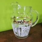 Vintage Amish-Style Butterprint Folk Art Glass Pitcher White Gold MCM 1960s