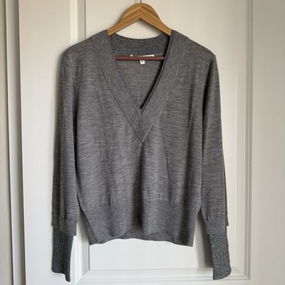 VERONICA BEARD TATIANA GRAY METALLIC TRIM WOOL BLEND V NECK SWEATER SZ L