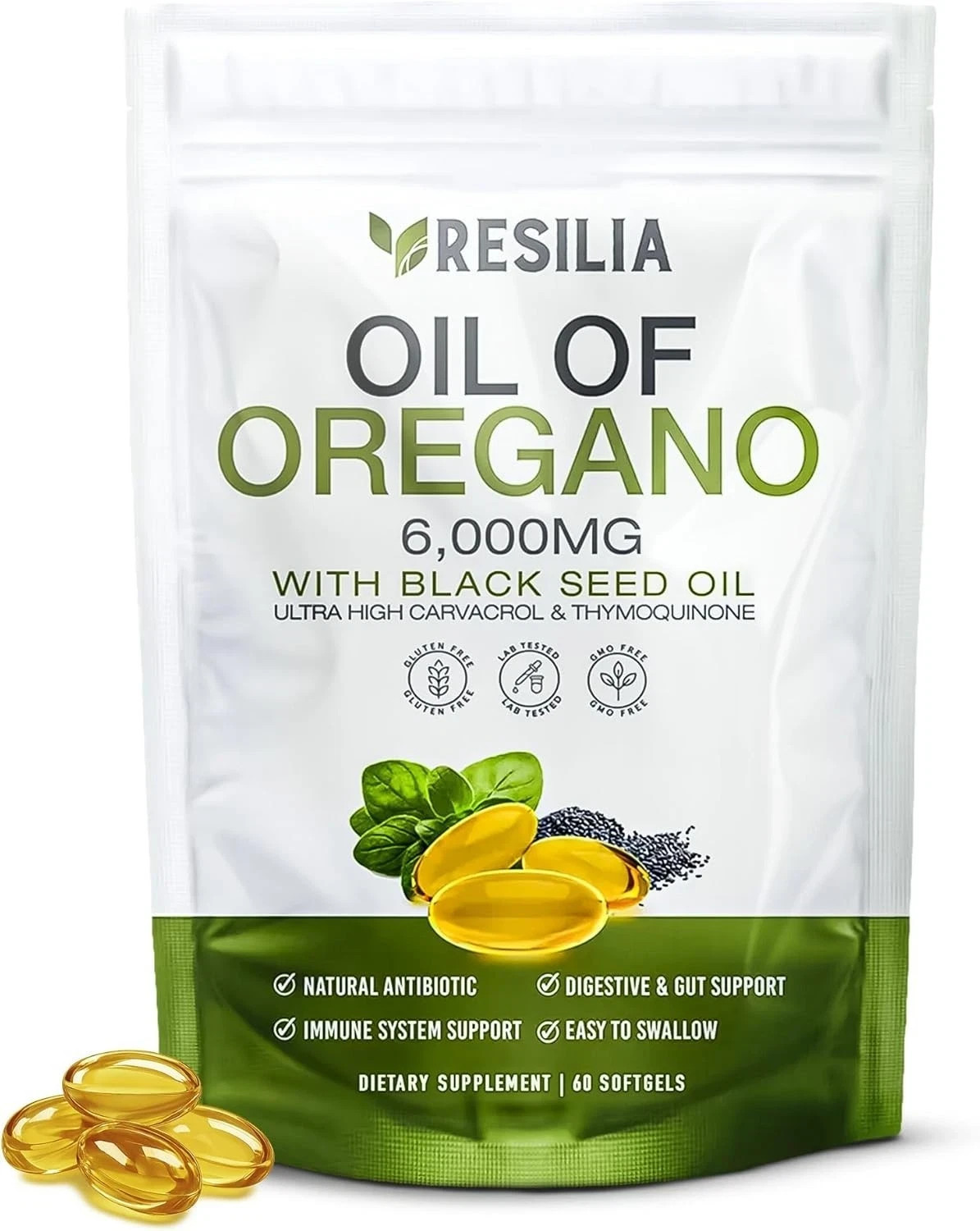 Resilia Oil of Oregano 6000mg with Black Seed Oil Softgels – 60 Capsules