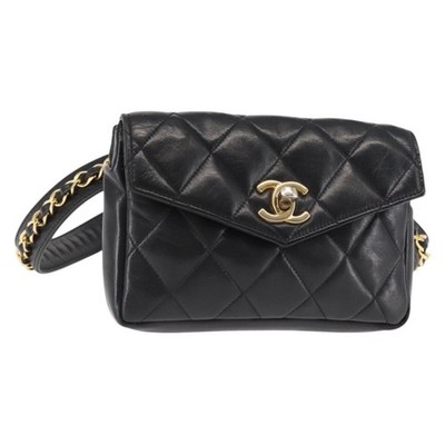 CHANEL Matelasse Waist Bag Lamb Skin Black Gold CC Auth bs29844 | eBay