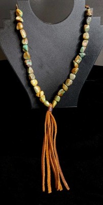 Stone Nugget Necklace Blue Green Brown Matrix Leather Tassel Rustic Boho Long