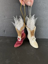 2 Victorian High Heel Christmas Ornament Taffeta Red & White  Boot Shoe