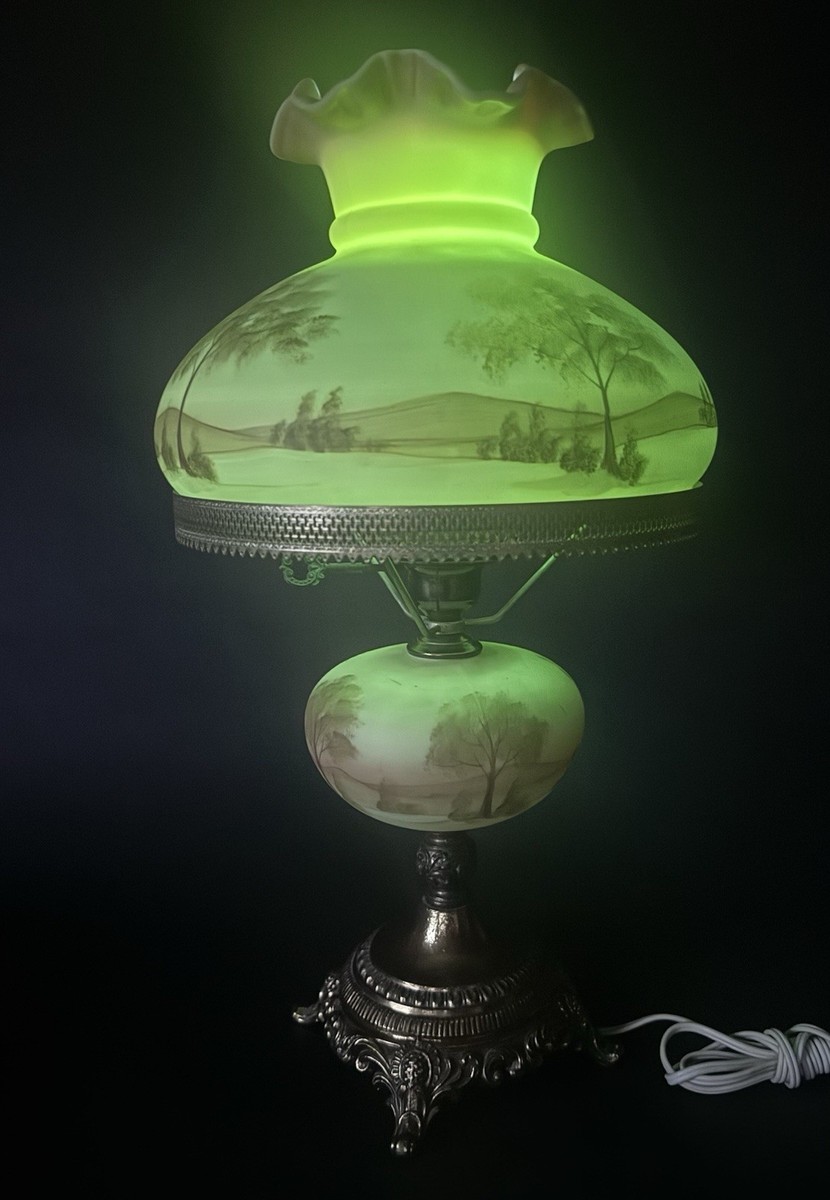 1974 Fenton Burmese Uranium Glass Hand Painted Trees Lamp Connie