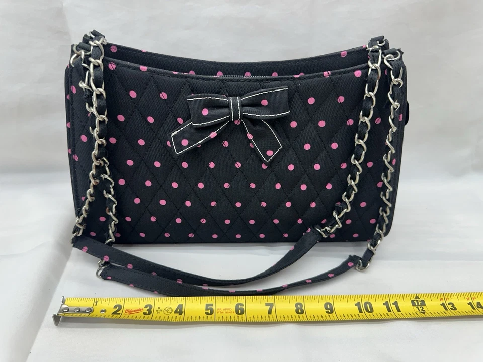 Juego de bolso de hombro acolchado a lunares negro y rosa - 3, correa de cadena y detalle de lazo Foto 3 de 4