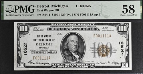 1929 $100 National Bank Detroit, Michigan CH# 10527 - PMG 58 serie elegante 001111 - Imagen 2 de 3