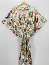 Indian White Long Paisley Print Cotton Hippie Maxi Women Nightwear Caftan Dress