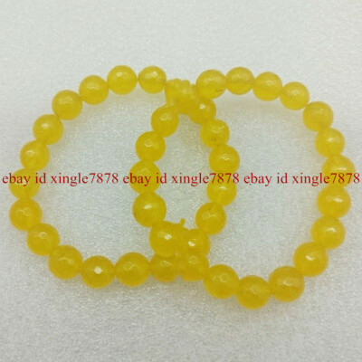 2 Pcs 8mm Faceted Yellow Topaz Round Gemstone Beads Elastic Bracelet 7.5'' AAA+