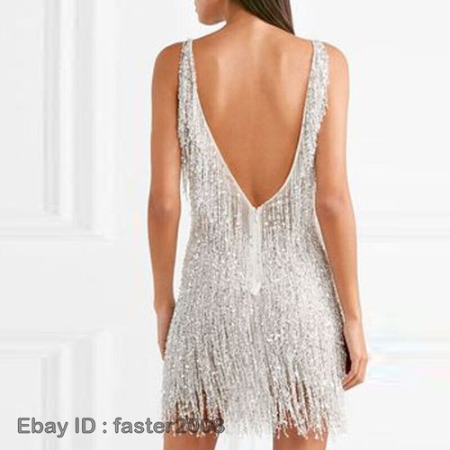 Mujeres Bling Bling Lentejuelas Borla Cuello en V Sin mangas Espalda Vestido Prendas para club nocturno Falda - Imagen 8 de 9