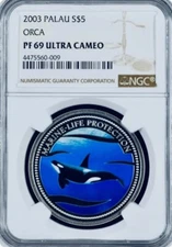 2003 Orca Killer Whale Marine Life Colorized Palau NGC PF69 UCAM  Mintage 1500!