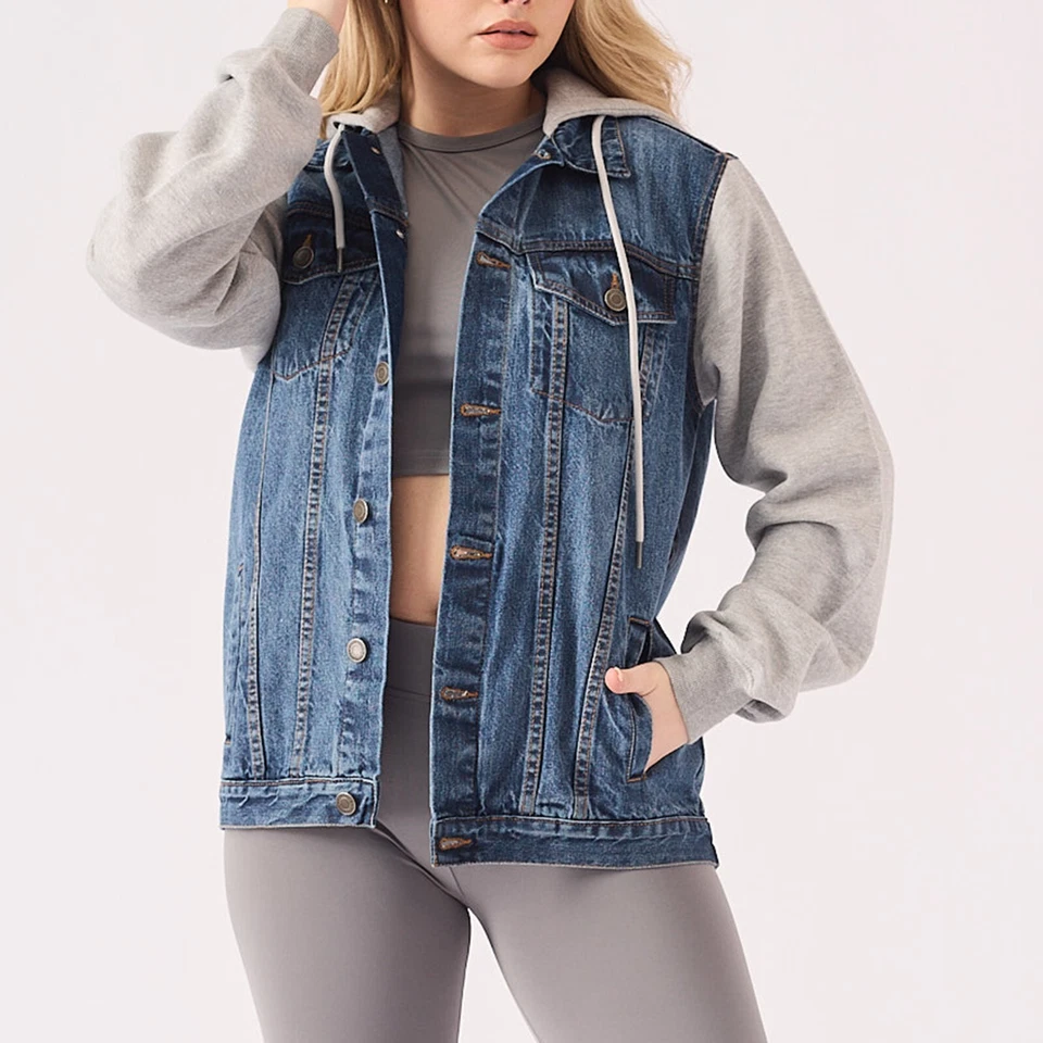 JMOJO Womens Denim Jacket Mid Blue Wash Pullover Hoodie Sweatshirt Jumper UK - Image 4 of 4