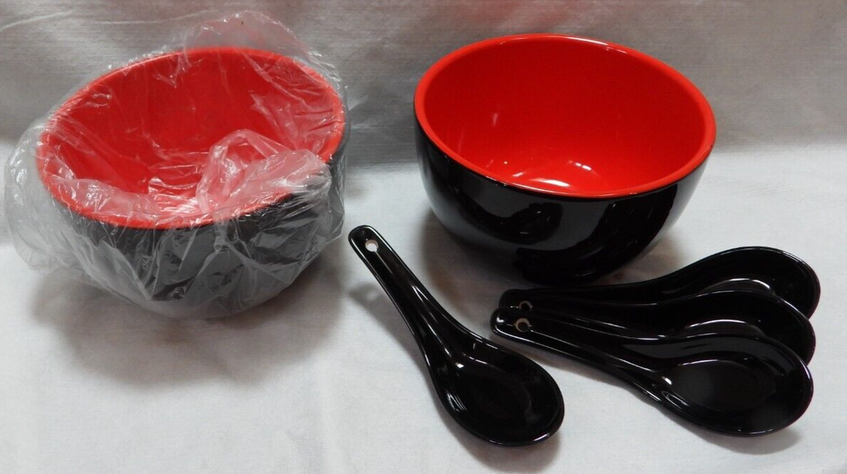 New Porcelain Chinese Asian Style Rice Soup Bowls w/ Spoons Red Black
