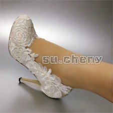 su.cheny 3  4  heels white ivory silk lace Closed toe pumps Wedding Bridal shoes