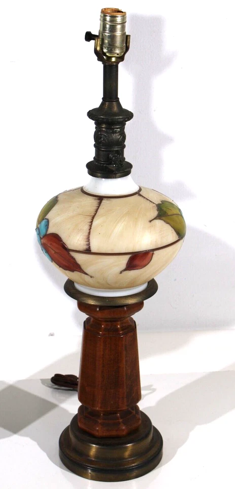 Vintage Blueberry Motif Milk Glass Lamps Globe And Wood Table Lamps - Image 3 of 4