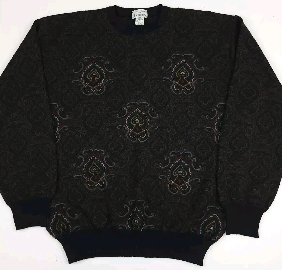 Vintage Triscots Jacobsons Pure Wool Paisley Pattern Multicolor Stitch Sweater