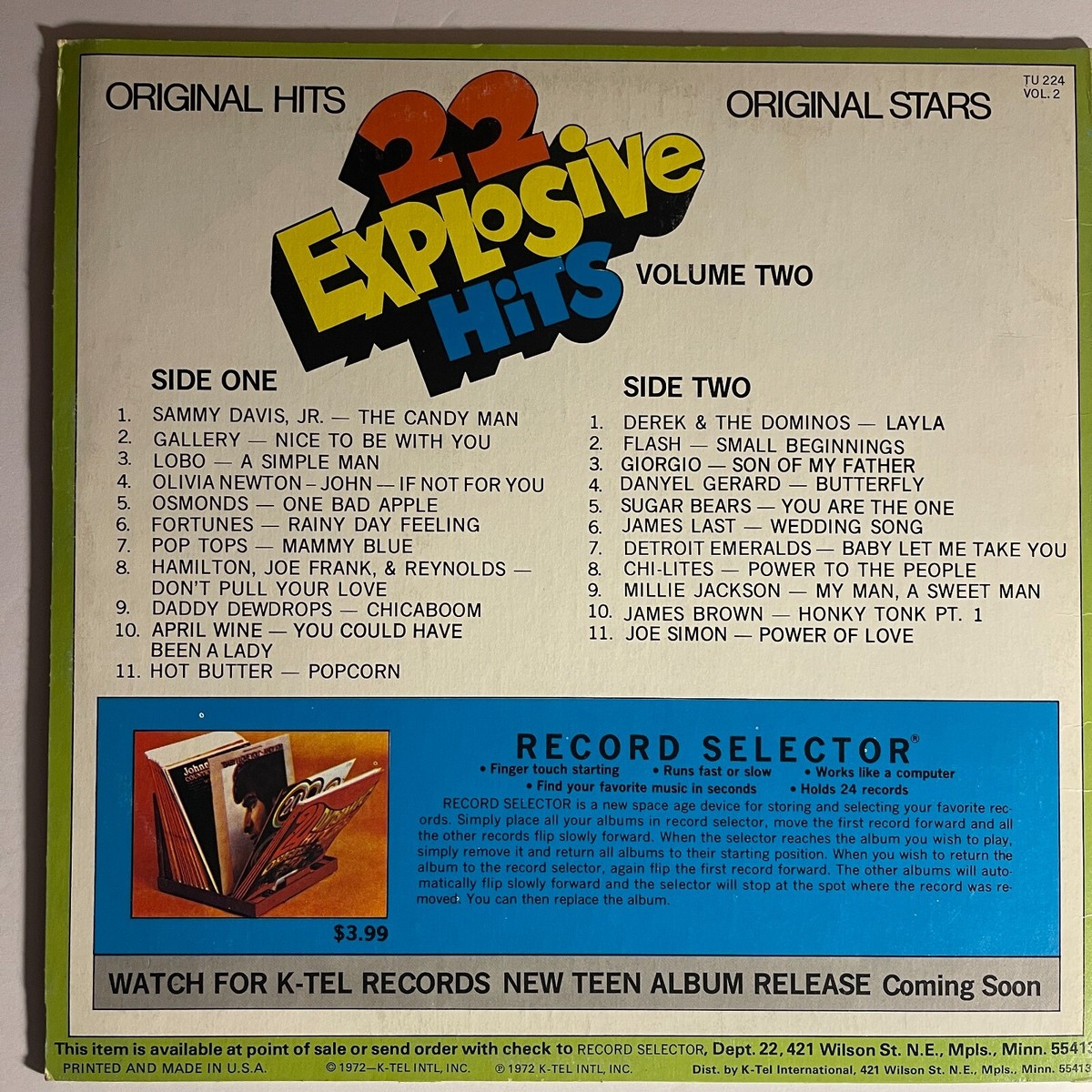 K-Tel's 22 Explosive Hits, Vol 2 Vinyl, LP 1972 Derek & The