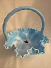 Vtg Fenton Basket 6.5" Blue / White Marble Slag Glass Ruffled Hobnail w/ Label