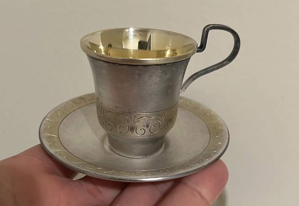 Antique Russian Silver 810 MMET GOLD Plated inside Coffee Cup & Saucer Set of 5 - Image 3 of 4