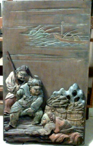 Antique Meiji Japanese Intricately Carved Colored Wood Samurai Art Wall Panel
