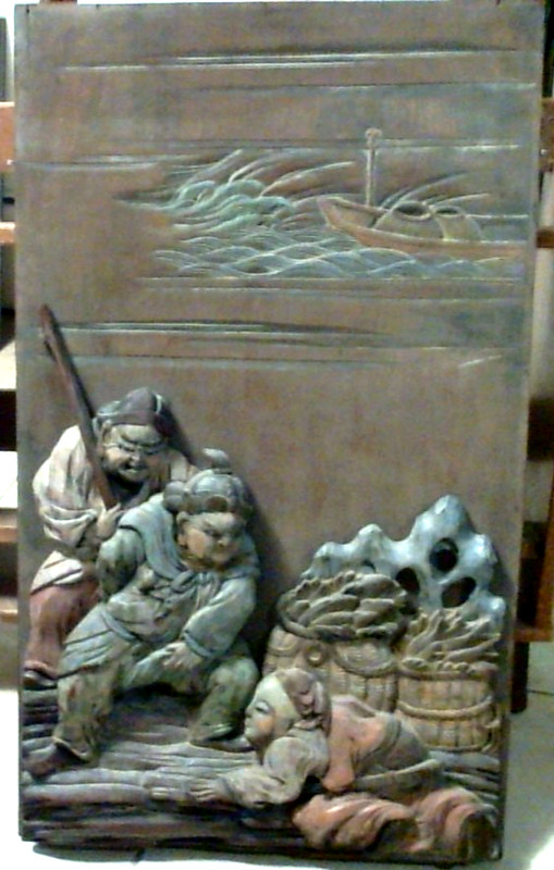 Antique Meiji Japanese Intricately Carved Colored Wood Samurai Art Wall Panel