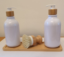 4 piece kitchen soap dispenser set, 16 oz, featuring a bamboo pump, tray & brush