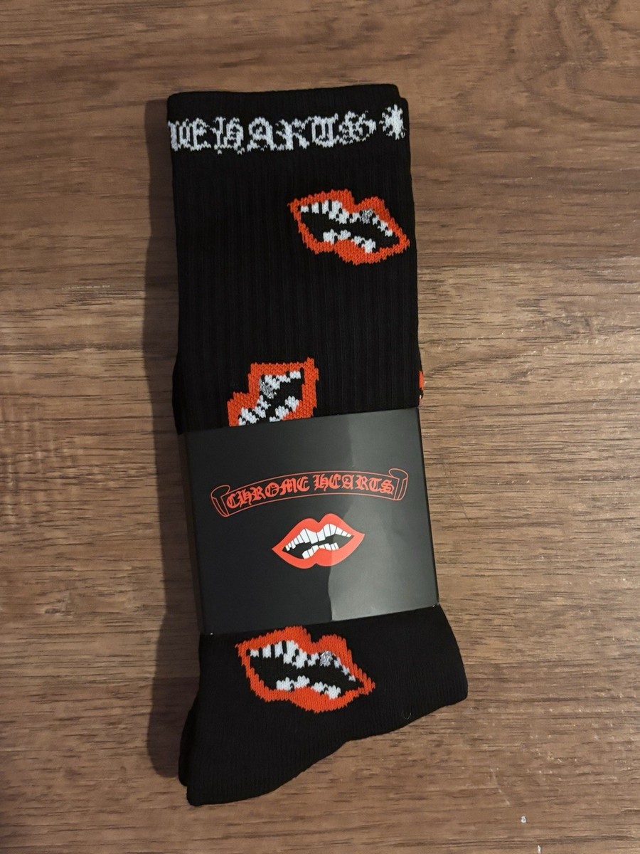 Chrome Hearts Crew Socks Large Black Red Lips Pattern Cotton Blend