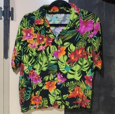 CLIO 100% Rayon Multicolor Floral Button-Down Collared Short Sleeve Blouse MED