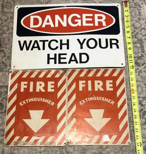 3 Antique Vintage Metal Signs, Fire Extinguisher & Danger Signs *Fast Shipping*