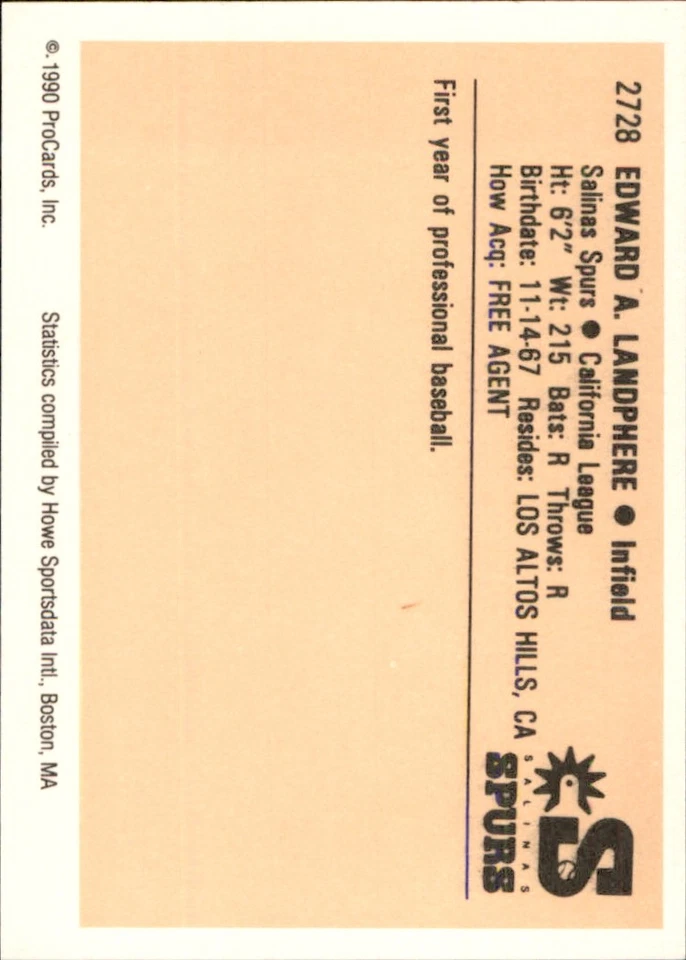 Ed Landphere 1990 ProCards #2728 RC Salinas Spurs *AutographDen* - Image 2 of 2