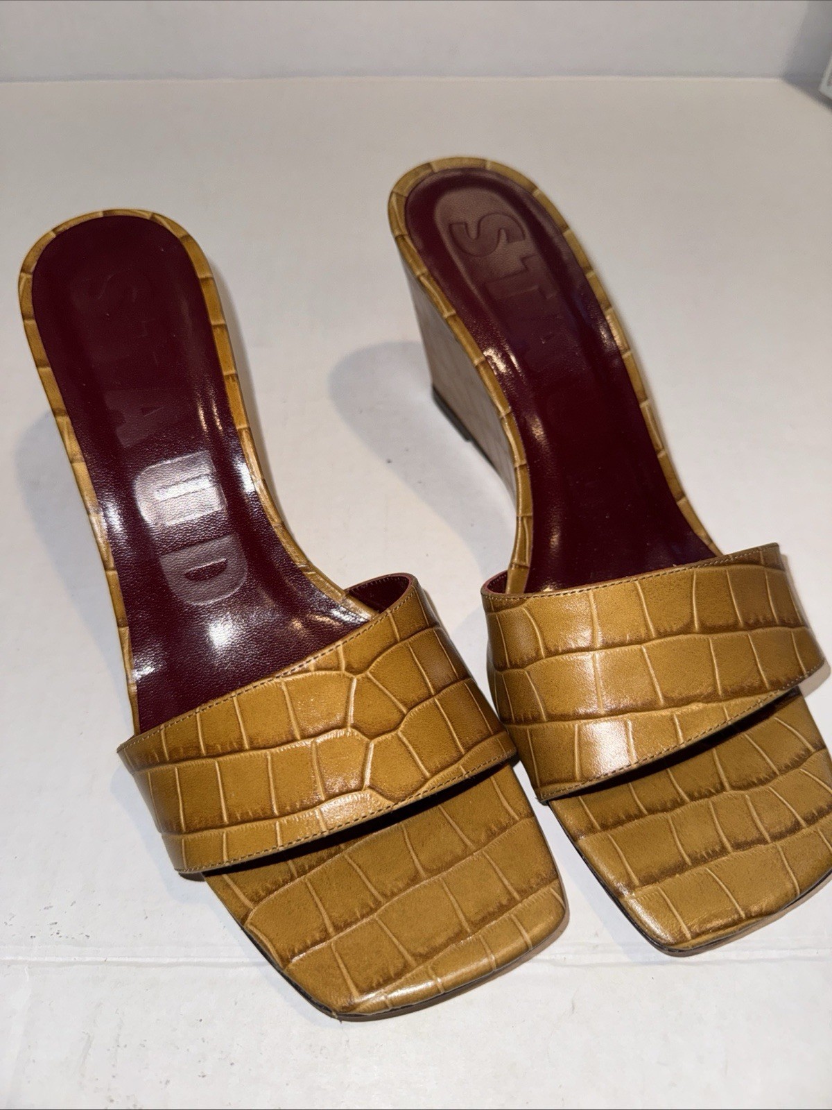 Staud Brown Croc Embossed Leather Billie Wedge Sandals Size 37 1/2