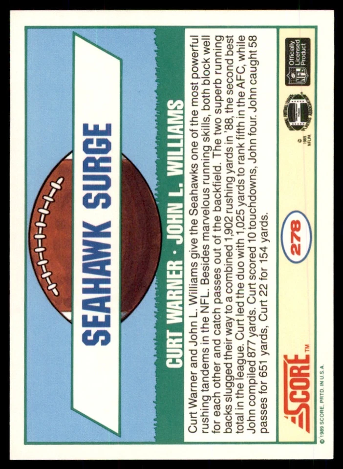 1989 SCORE CURT WARNER/JOHN L. WILLIAMS . SEAHAWK SURGE #278 - Image 2 of 2