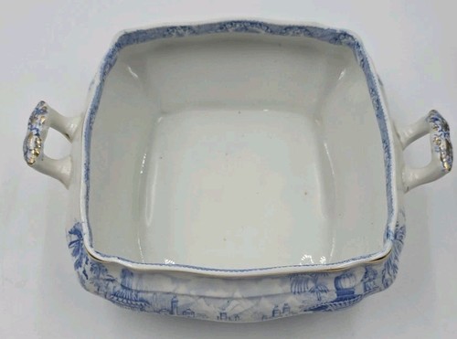 Antique Ridgway ORIENTAL 8” Blue/Gold Trimmed Serving Bowl W/ Lid VG Condition - Picture 7 of 12