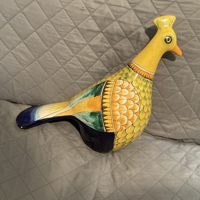 Colorful Ceramic Bird Figurine Glossy Scales Yellow Green Blue Orange