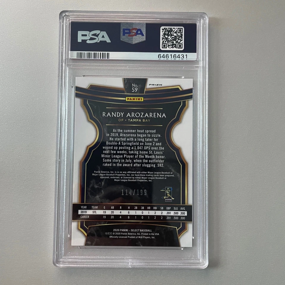 2020 Panini Select #59 Randy Arozarena RC Prizm Red 114/199 PSA10 - Image 2 of 2