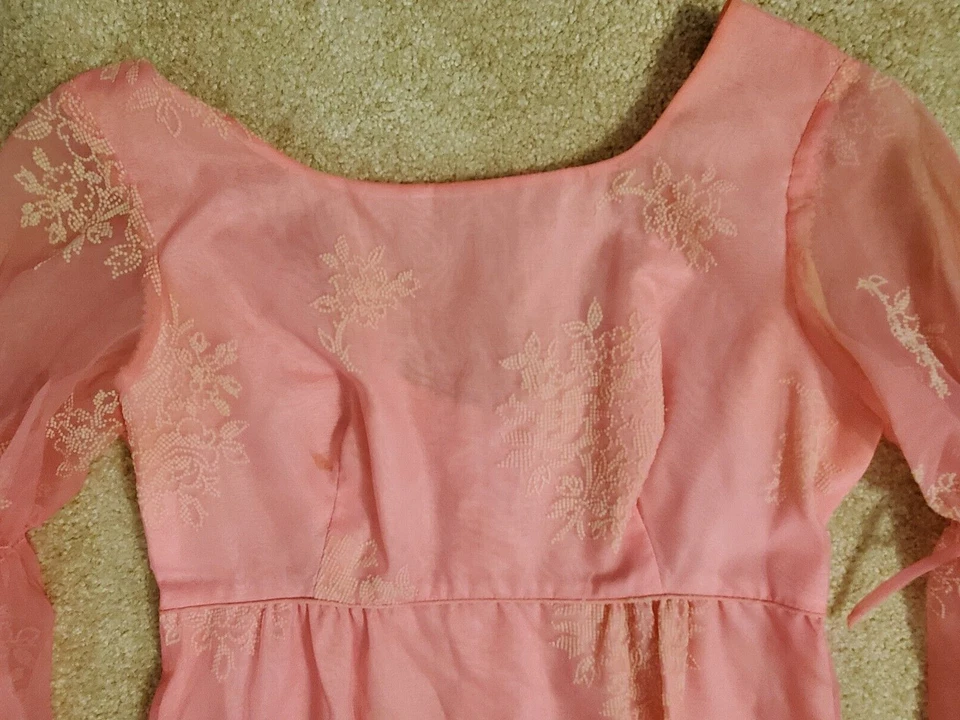 Maxi Vestido Rosa De Colección Años 60-70 Sears Moda Hawaiana Manga Campana Superposición Transparente Foto 4 de 4