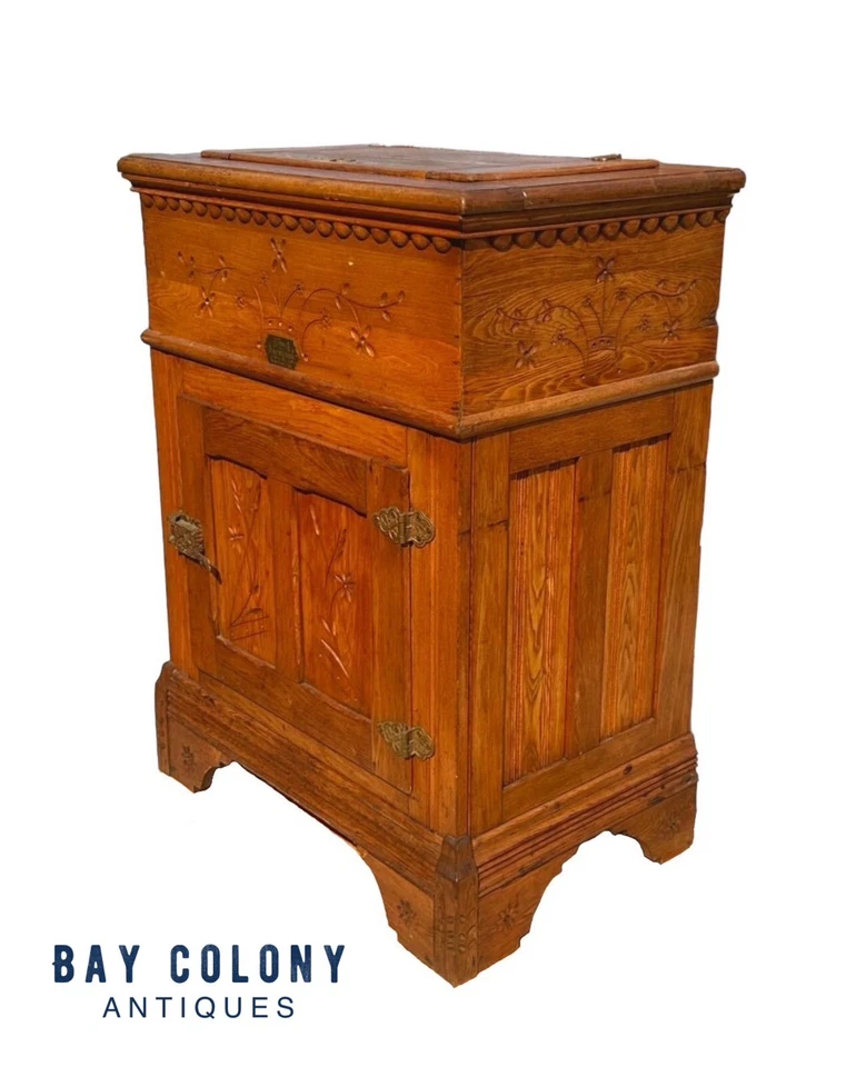 COFRE DE HIELO TALLADO FLORAL ROBLE VICTORIANO CON FORRO DE ZINC Y HERRAJES PARA CABEZA DE FÉNIX Foto 3 de 4