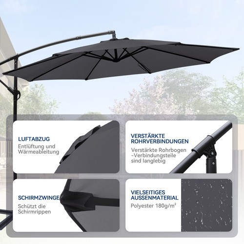 Sonnenschirm Ø300 cm mit Kurbel Ampelschirm Gartenschirm UV-Schutz Wasserdicht - Bild 6 von 10