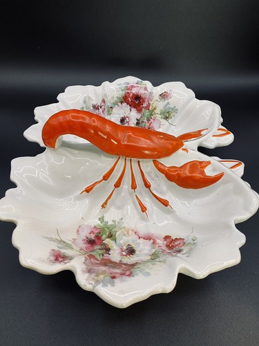 ANTIQUE XLarge German Hand Painted Floral LOBSTER Divided Ceramic Dish/Bowl 14” - Picture 4 of 17