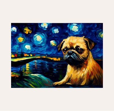 Griffon Bruxellois Dog in Starry Night Poster Print A3 Size