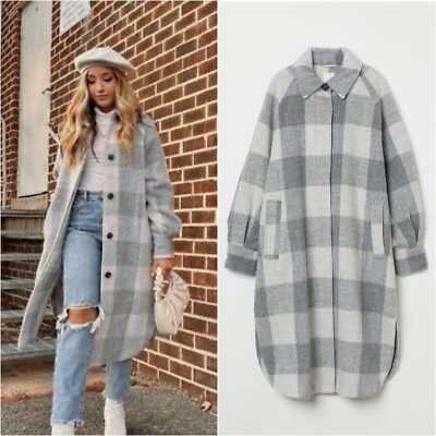 H&M Conscious OVERSIZED Wool Blend GREY Plaid Long JACKET COAT Blogger  SHACKET