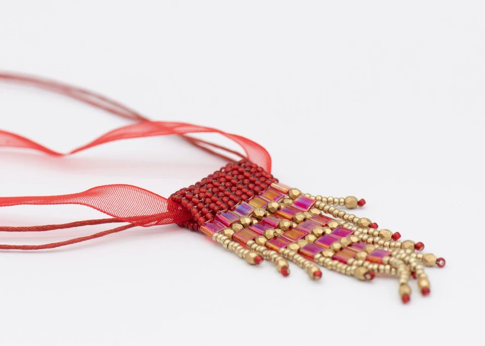 Anhänger Rot Gold Kettenanhänger Damen Schmuck handarbeit glasperlen fransen - Bild 3 von 4